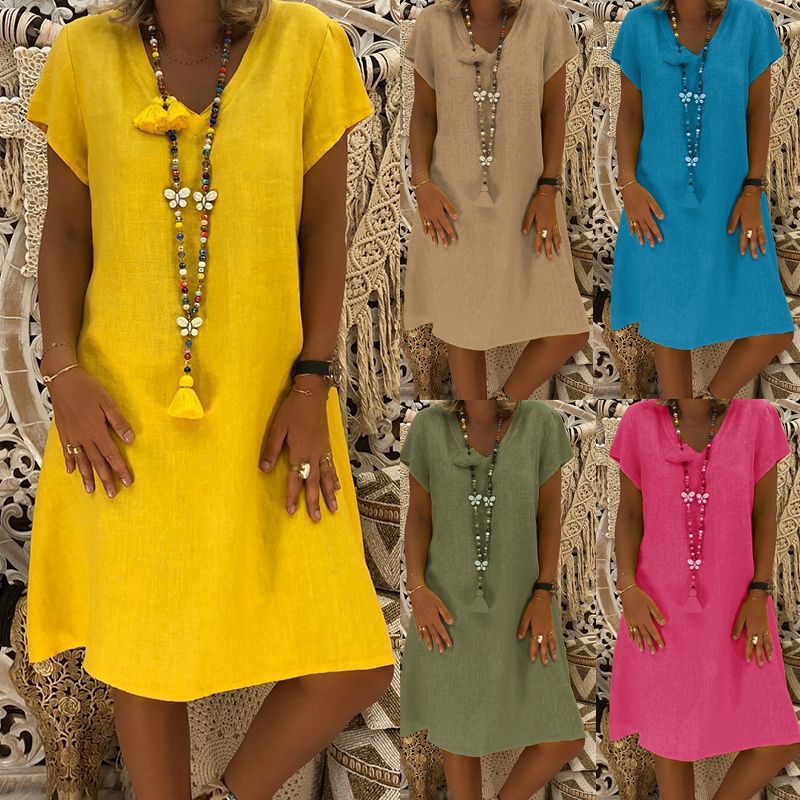2018 AliExpress wish eBay seven-color eight-yard solid color short-sleeved V-neck dress Khaki S - Image 1