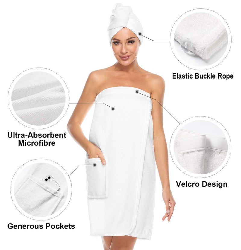 Orrpally Women Shower Wrap Robe Bath Wrap Towel Spa Body Wrap Adjustable Closure Bathrobe White S/M - Image 4