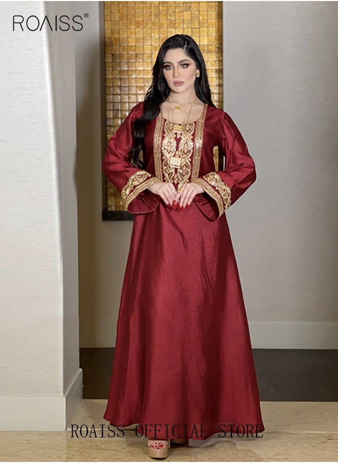roaiss Women Embroidered Robe Maxi Dresses Stylish Abaya Square Collar Dress Middle East Arabic Banquet Wedding Party Dress Women's Festival Clothing Red  - Image 2