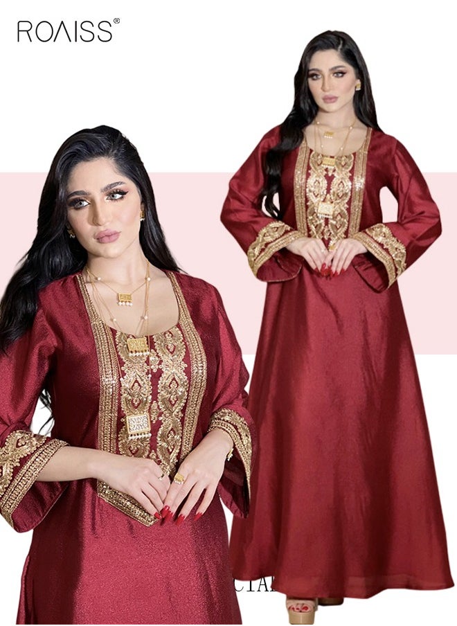 roaiss Women Embroidered Robe Maxi Dresses Stylish Abaya Square Collar Dress Middle East Arabic Banquet Wedding Party Dress Women's Festival Clothing Red  - Image 5