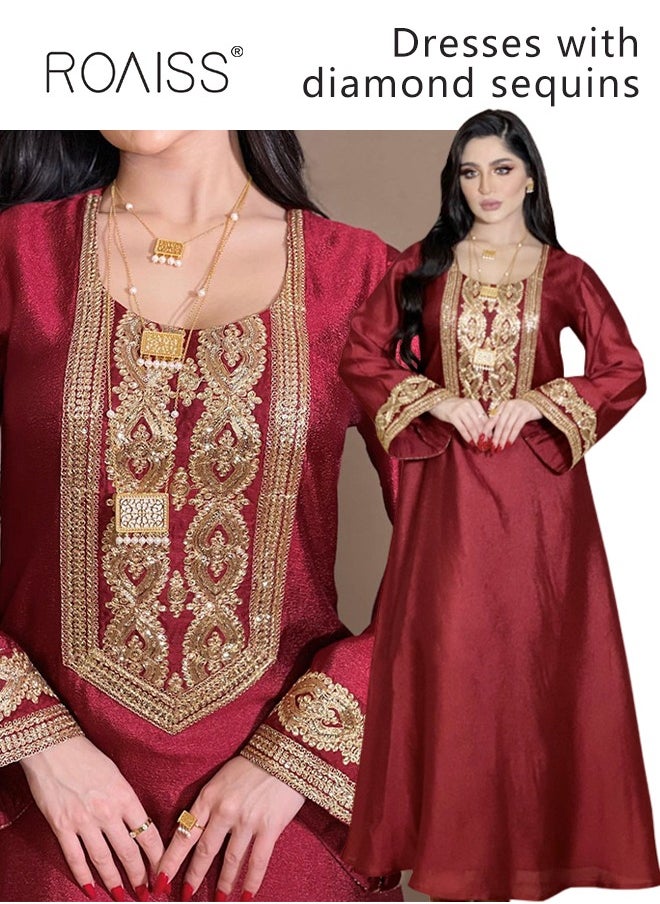 roaiss Women Embroidered Robe Maxi Dresses Stylish Abaya Square Collar Dress Middle East Arabic Banquet Wedding Party Dress Women's Festival Clothing Red  - Image 1