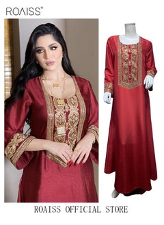 roaiss Women Embroidered Robe Maxi Dresses Stylish Abaya Square Collar Dress Middle East Arabic Banquet Wedding Party Dress Women's Festival Clothing Red  - Image 3