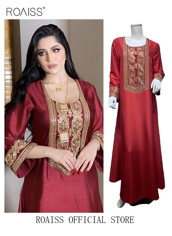 roaiss Women Embroidered Robe Maxi Dresses Stylish Abaya Square Collar Dress Middle East Arabic Banquet Wedding Party Dress Women's Festival Clothing Red  - Image 3