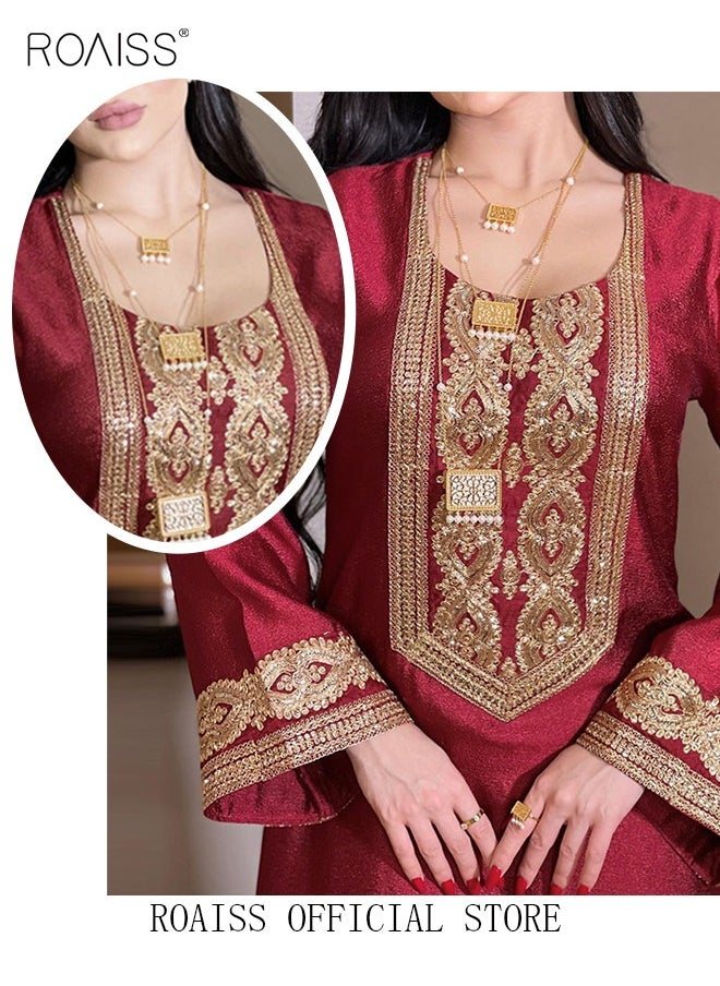 رويس - فستان ماكسي مطرز للنساء، عباية أنيقة، فستان بياقة مربعة، فستان حفلات زفاف عربي من الشرق الأوسط، ملابس نسائية للمهرجانات، أحمر - Image 1