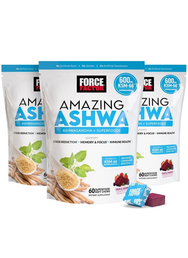 Force Factor FORCE FACTOR Amazing Ashwa for Stress Relief, Memory, Focus, and Immune Support Health, Ashwaganda Supplement with KSM-66 Ashwagandha for Stress, 180 Soft Chews  - Image 1