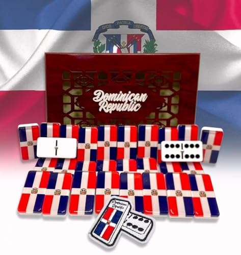PRK 14 Premium Edition Dominican Republic Dominoes Set Deluxe Double Six Dominoes with Clear Acrylic top Tiles and Classic Artisan Wooden Box Design Dominican Flag Design - Image 1