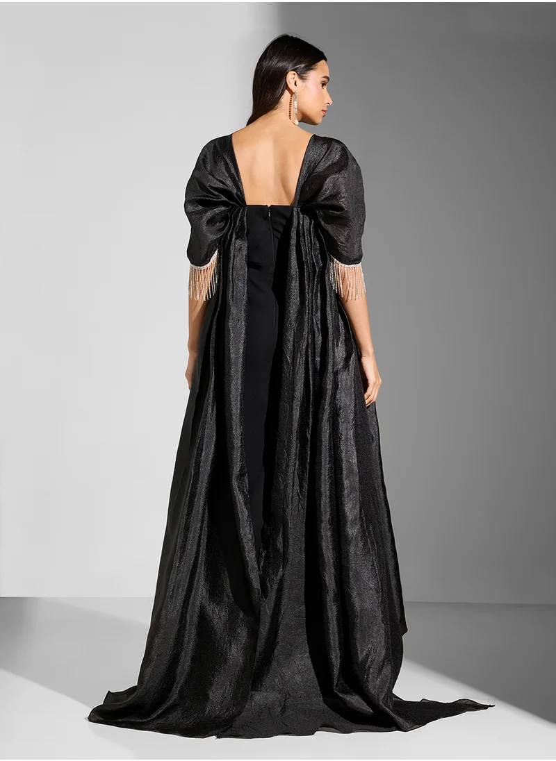 Namshi x Ruched Sleeves Dress With Fringed Embellishments & Trail