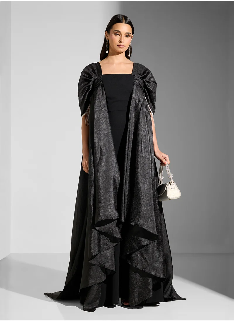 Namshi x Ruched Sleeves Dress With Fringed Embellishments & Trail