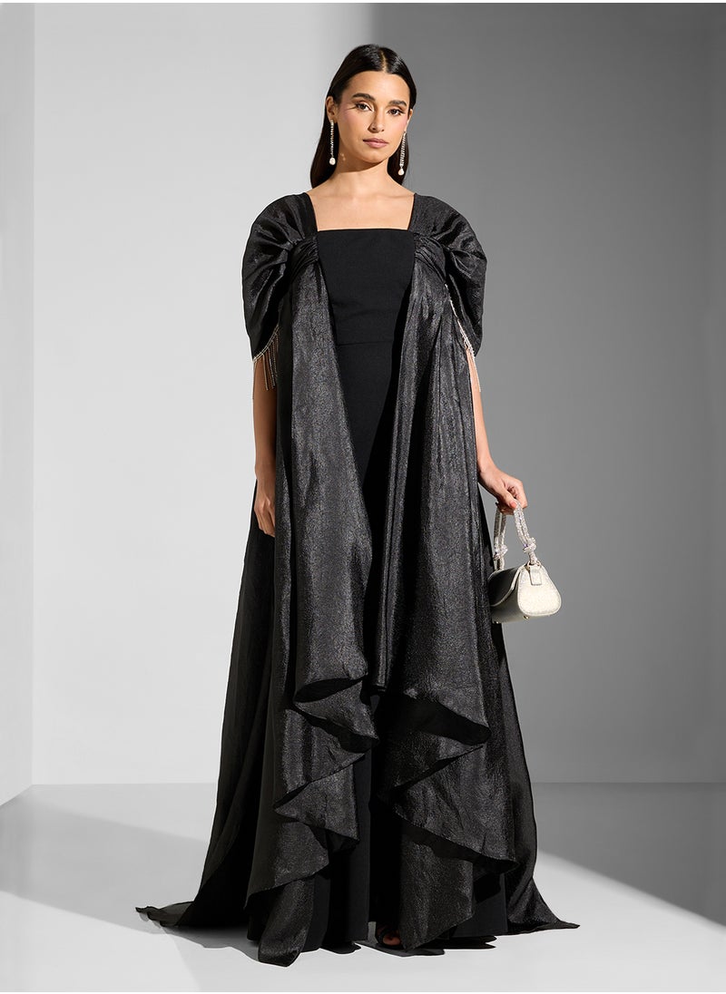 Namshi x Ruched Sleeves Dress With Fringed Embellishments & Trail  - Image 1