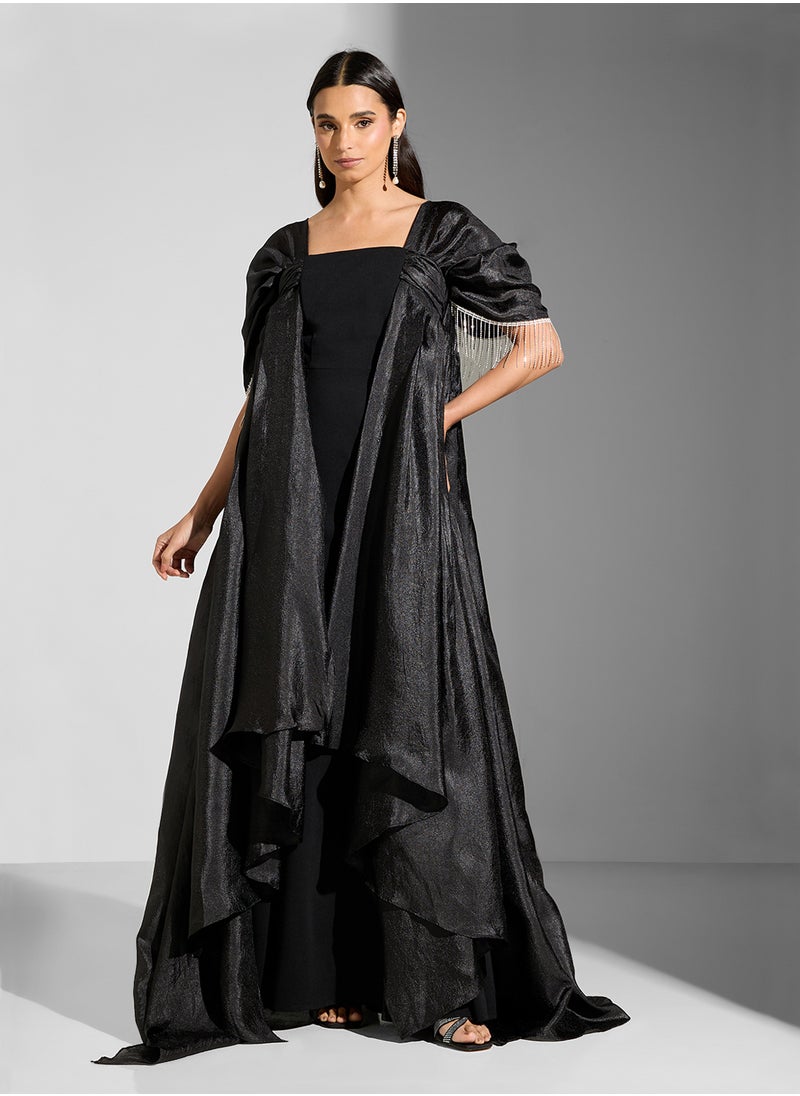 Namshi x Ruched Sleeves Dress With Fringed Embellishments & Trail  - Image 5