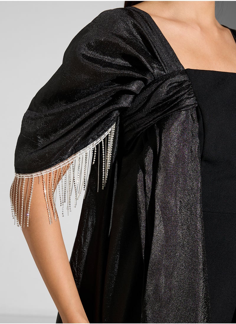 Namshi x Ruched Sleeves Dress With Fringed Embellishments & Trail  - Image 4