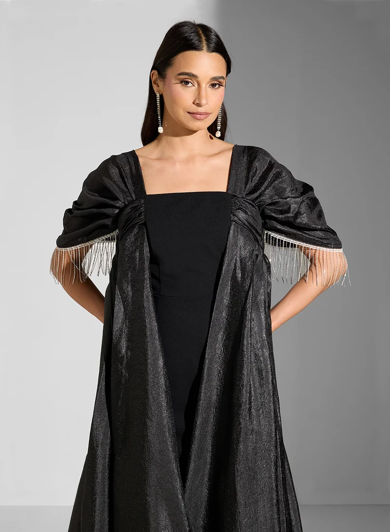 Namshi x Ruched Sleeves Dress With Fringed Embellishments & Trail