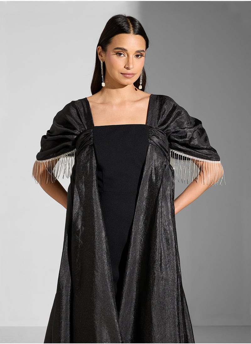 Namshi x Ruched Sleeves Dress With Fringed Embellishments & Trail  - Image 3