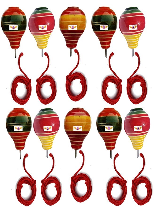 Jayam Traditional Wooden Spinning Tops/bambaram with String/Multi Color/Pack of 10 - Image 1