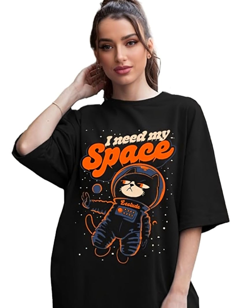 LEOTUDE Womens Loosefit Oversized Round Neck Cottonblend Half Sleeve T-Shirts (GRL_FS49_BOSTN_NVVY_P_Black_2XL) - Image 1