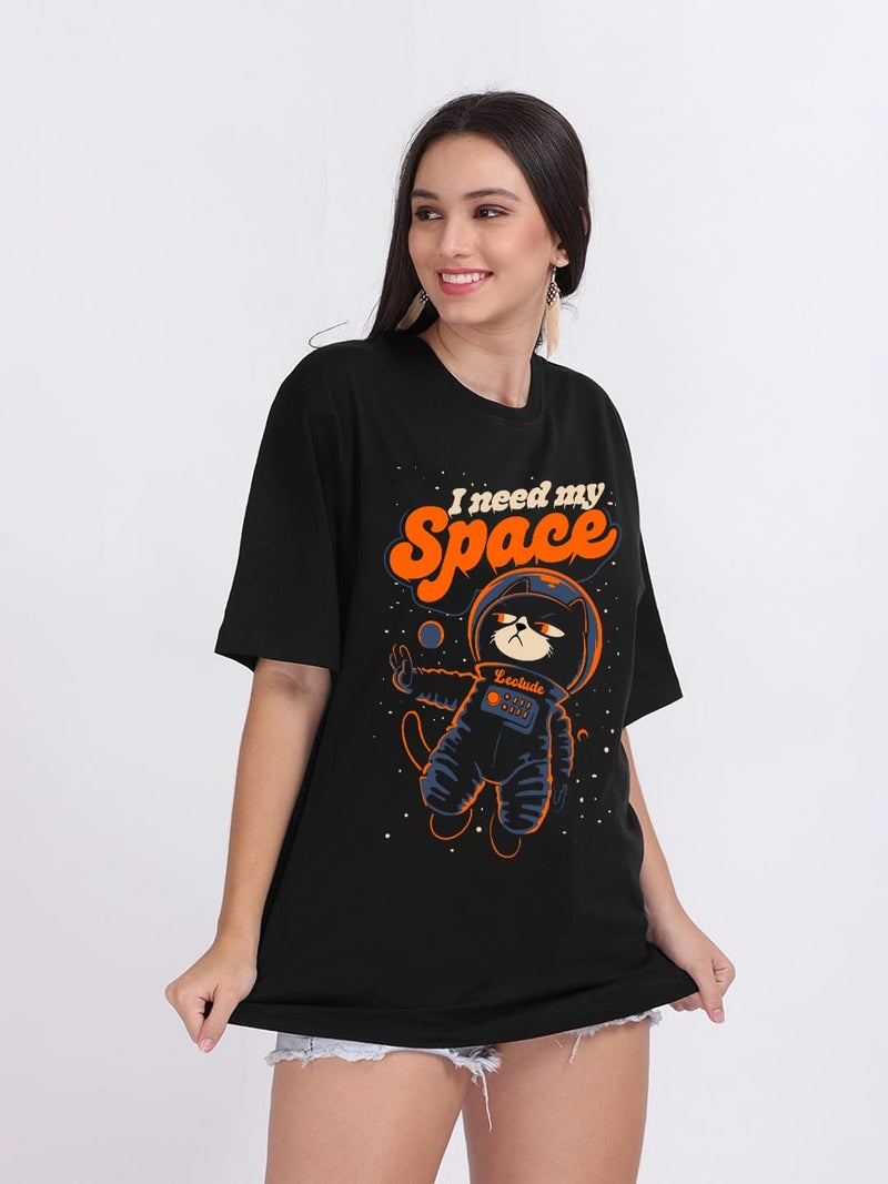 LEOTUDE Womens Loosefit Oversized Round Neck Cottonblend Half Sleeve T-Shirts (GRL_FS49_BOSTN_NVVY_P_Black_2XL) - Image 3