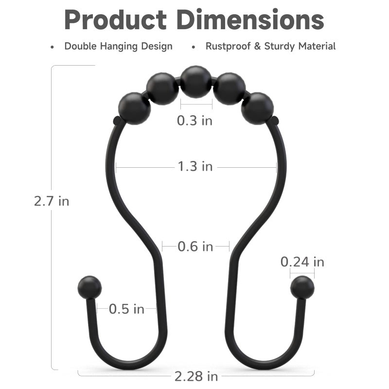 Bathway Shower Curtain Hooks Shower Curtain Rings Black Shower Curtain Hooks RustProof Smooth Metal Double Shower Curtain Hooks, Shower Hooks for Shower Curtain Liner Bathroom Shower Rod Hook - Image 4