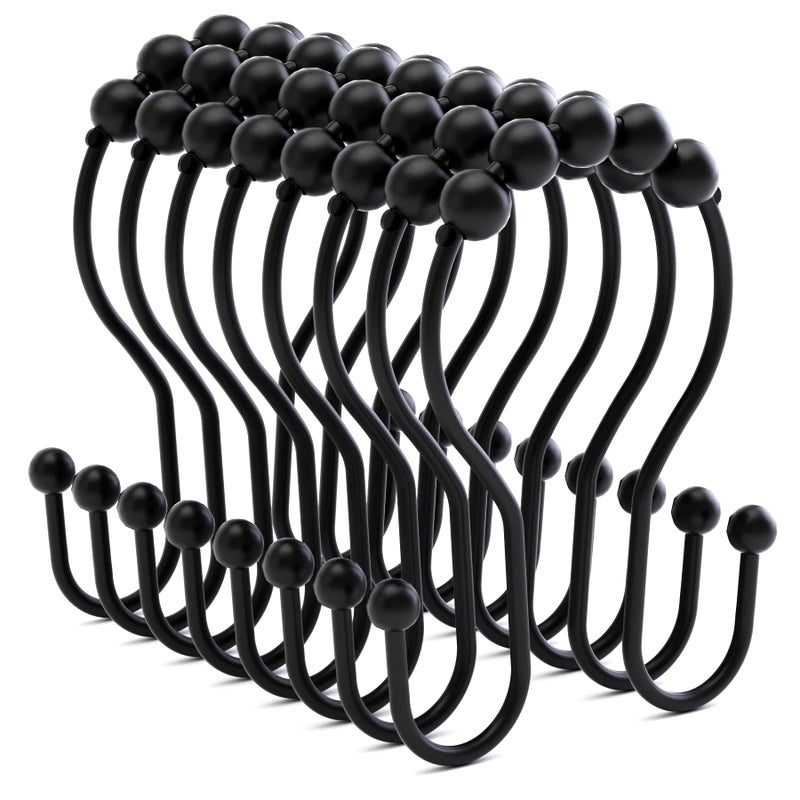 Bathway Shower Curtain Hooks Shower Curtain Rings Black Shower Curtain Hooks RustProof Smooth Metal Double Shower Curtain Hooks, Shower Hooks for Shower Curtain Liner Bathroom Shower Rod Hook - Image 1