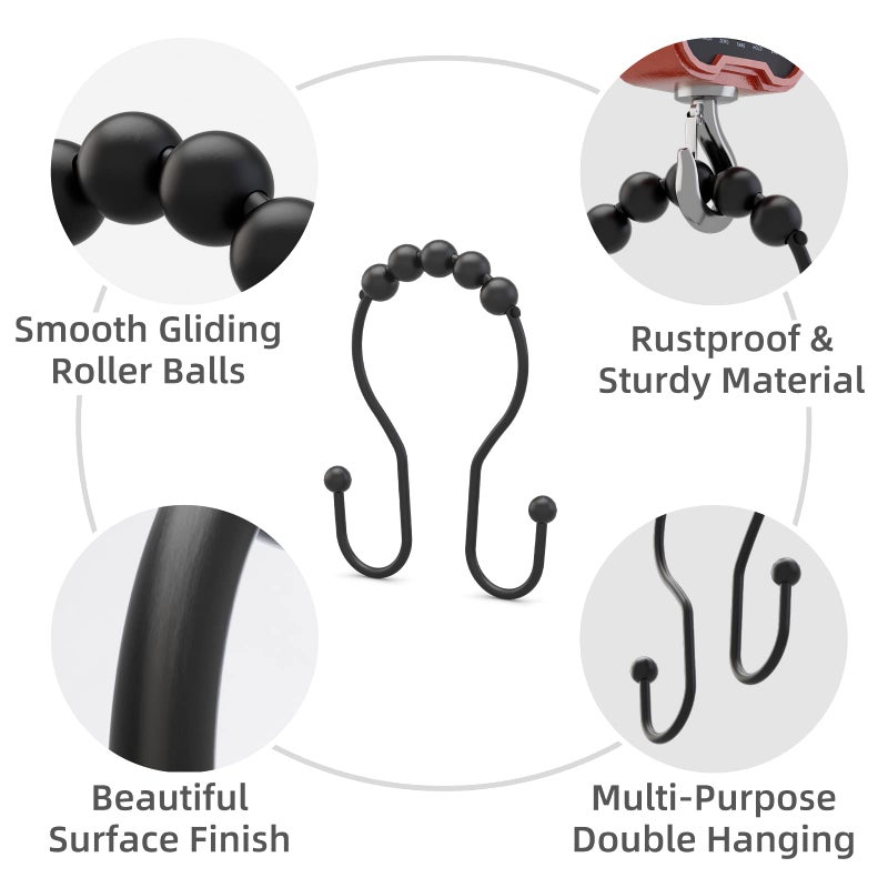 Bathway Shower Curtain Hooks Shower Curtain Rings Black Shower Curtain Hooks RustProof Smooth Metal Double Shower Curtain Hooks, Shower Hooks for Shower Curtain Liner Bathroom Shower Rod Hook - Image 2