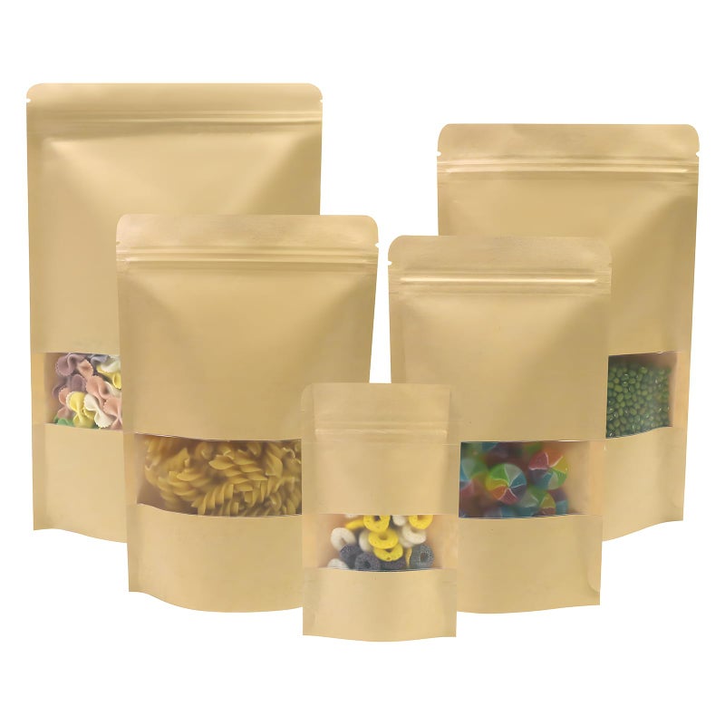 SumDirect Kraft Food Bags with Window Resealable Kraft Stand Up Pouches 50Pack 47x78inches Zipper Food Storage Bags for Packaging