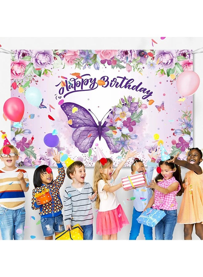 ليمون خلفية عيد ميلاد سعيد على شكل فراشة، لافتة زينة بنفسجية للبنات والنساء، خلفية زهرية لحفلات استقبال المولود، ديكورات جنية، لوازم حفلات الربيع. - Image 2