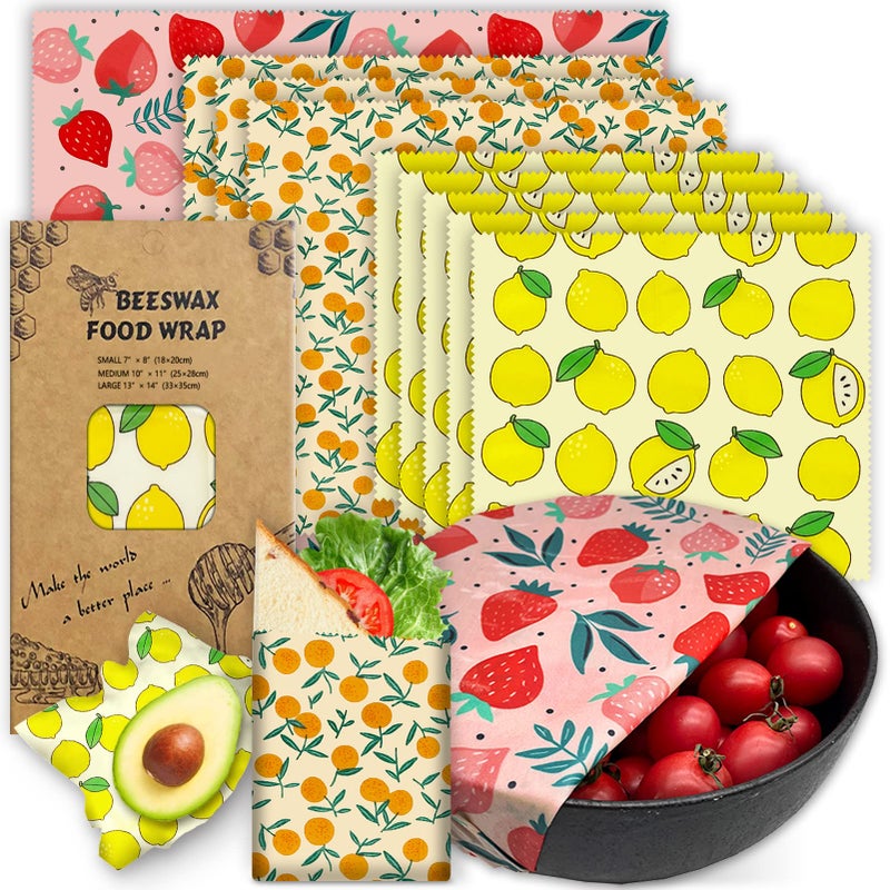 PICcircuit Reusable Beeswax Wrap  9 Pack EcoFriendly Beeswax Wraps For Food Organic Sustainable Biodegradable Zero Waste PlasticFree Food Storage 1L Strawberry 3M Orange 5S Lemon Patterns 