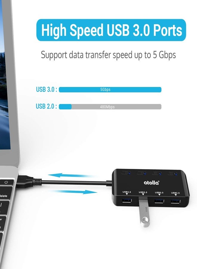 atolla USB 3.0 Hub 4-Port with Individual Switches, Ultra-Slim High-Speed Data Expander, 5Gbps USB Splitter for Laptop, PC, Keyboard, Mouse, Flash Drive - LED Indicators, Plug & Play - Image 2