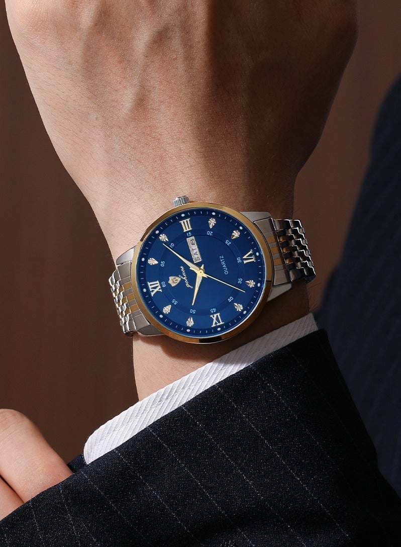 جوهوس Men's Watch, Top Brand Luxury Waterproof Stainless Steel Strap Quartz Luminous Analog Wristwatch with Dual Calendar - 41mm - Gift for Father or Boyfriend - Image 2