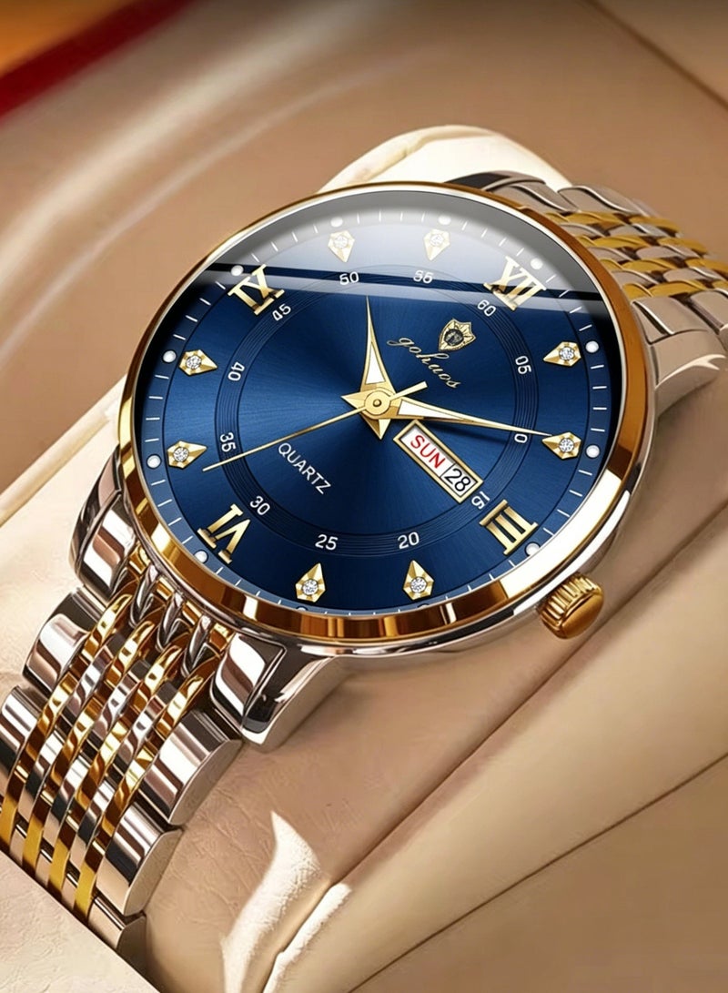 جوهوس Men's Watch, Top Brand Luxury Waterproof Stainless Steel Strap Quartz Luminous Analog Wristwatch with Dual Calendar - 41mm - Gift for Father or Boyfriend - Image 1