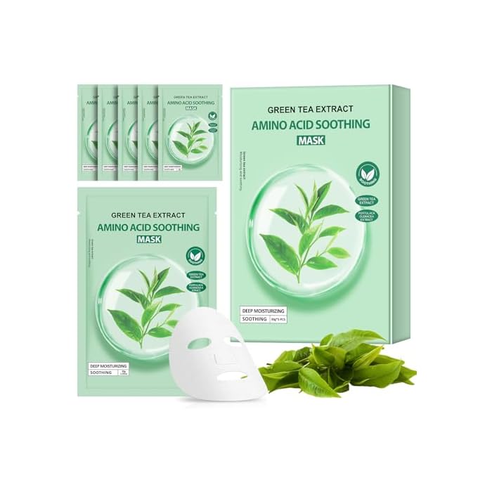 5 Pack Sheets Face Masks Skincare for All Skin Types, Green Tea Hydrating Face Sheet Masks Suitable for Sensitive Skin, Facial Mask for Firming, Soothing, Face Mask Gifts for Face Spa