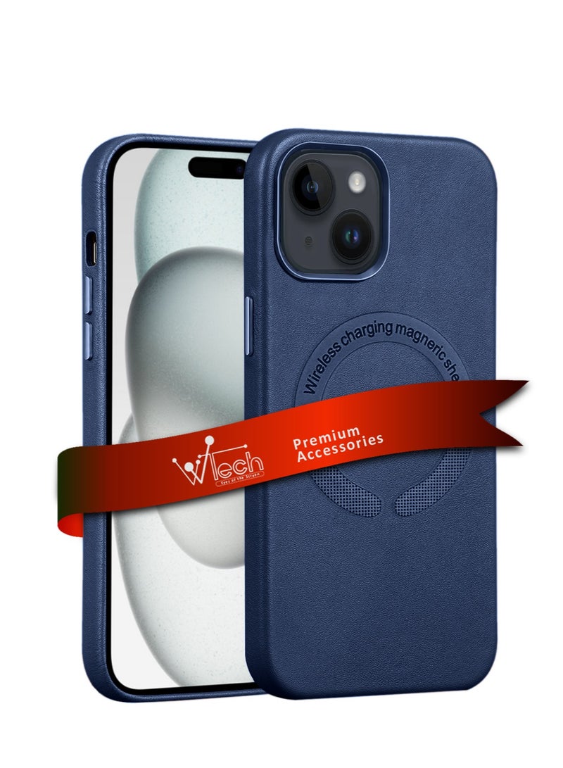 Wtech Leather Magnetic Wireless Charging Case Original MagSafe Shockproof Case Cover For Apple iPhone 15 Plus 2023 Luxury Navy Blue - Image 1