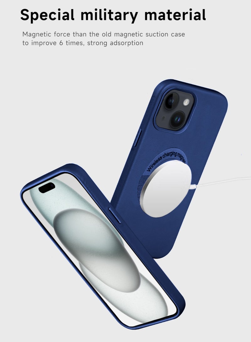 Wtech Leather Magnetic Wireless Charging Case Original MagSafe Shockproof Case Cover For Apple iPhone 15 Plus 2023 Luxury Navy Blue - Image 3