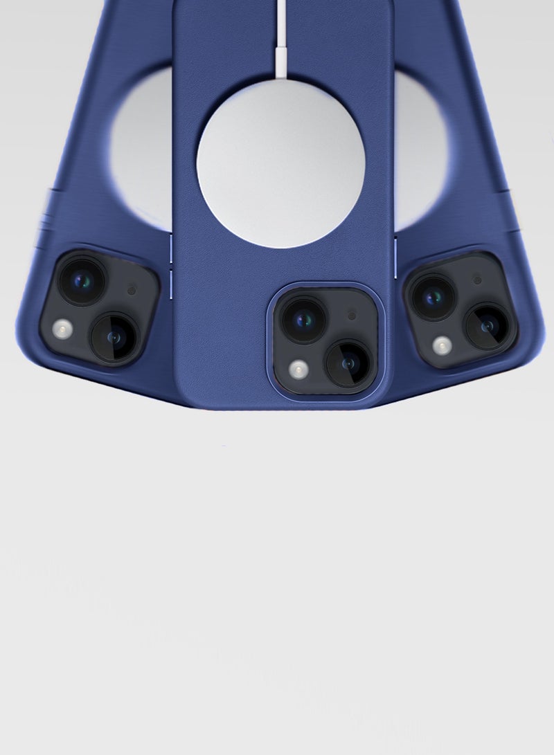 Wtech Leather Magnetic Wireless Charging Case Original MagSafe Shockproof Case Cover For Apple iPhone 15 Plus 2023 Luxury Navy Blue - Image 4