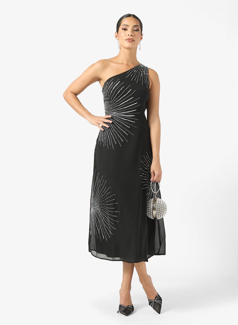 Maya One Shoulder Embellished Midi Dress - Image 4