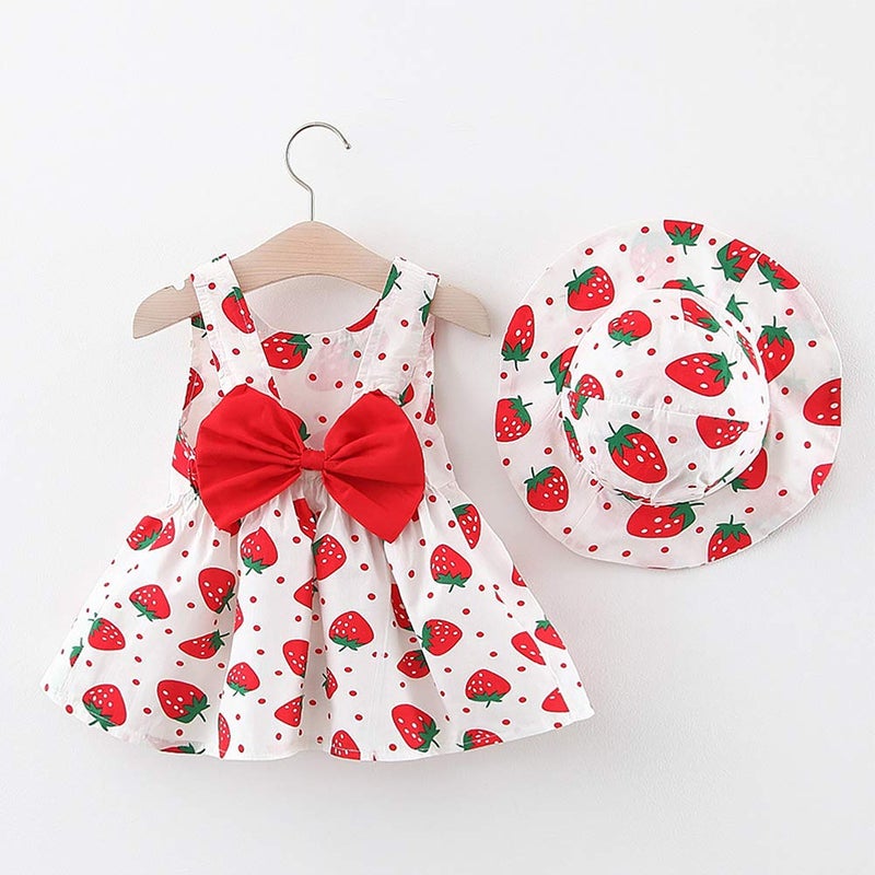 IDOPIP Baby Girls Strawberry Tutu Dress Summer Sleeveless Backless Princess Birthday Party Dresses Toddler Little Girl First Communion Pageant Flower Ruffle Bow Sundress with Sun Hat Outfit Set Red 6-12M - Image 2