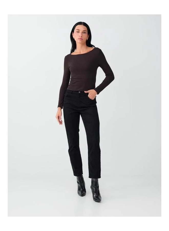 Jimmy Key Bitter Coffee Round Neck Slim Fit Long Sleeve Blouse.