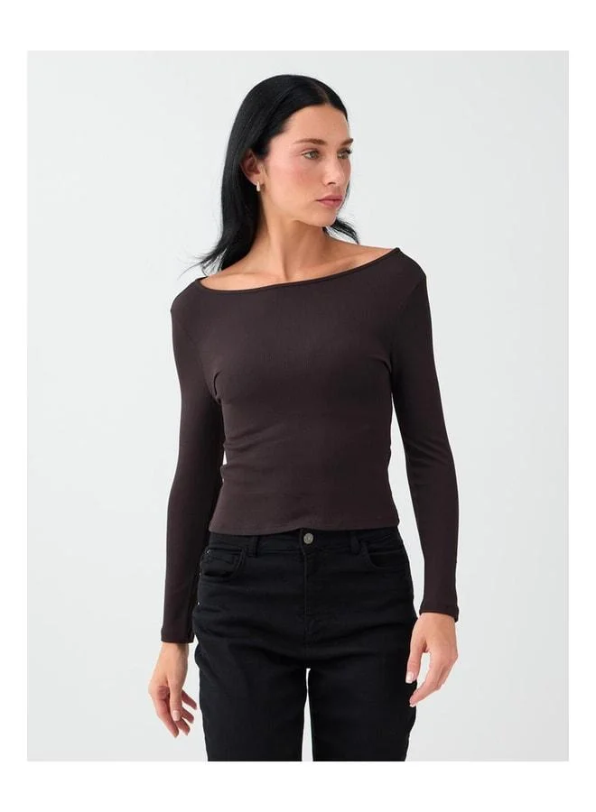 Jimmy Key Bitter Coffee Round Neck Slim Fit Long Sleeve Blouse.