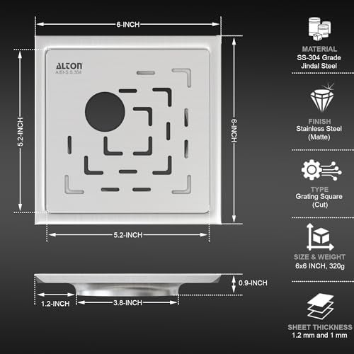 ALTON ALD1002, SS-304 Grade, 6x6 INCH Cut, Bathroom Grating Square Floor Drain Jali, Matte - Image 2
