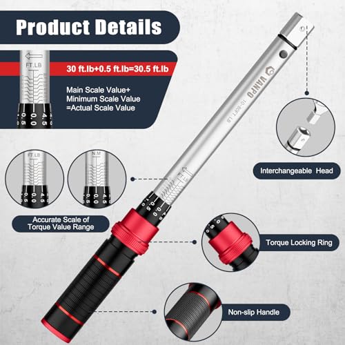 VANPO HVAC Torque Wrench 10–80 Ft-lb, 9×12mm, Adjustable Click Torque Wrench with Open End Heads (17–32mm), ±3% Accuracy for Mini Split AC & Refrigeration Flare Nut Installation - Image 3