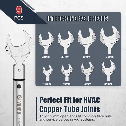 VANPO HVAC Torque Wrench 10–80 Ft-lb, 9×12mm, Adjustable Click Torque Wrench with Open End Heads (17–32mm), ±3% Accuracy for Mini Split AC & Refrigeration Flare Nut Installation - Image 4