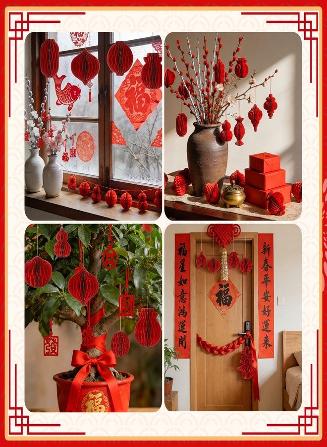 Leinuosen 46 Pcs Chinese Lunar New Year Decorations 2026 Red Paper Honeycomb Ornaments for Tree 3D Paper Lanterns Foldable Hanging Decorations for Asian Japanese Lunar New Year Festival Party Decor - Image 5
