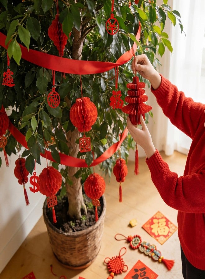 Leinuosen 46 Pcs Chinese Lunar New Year Decorations 2026 Red Paper Honeycomb Ornaments for Tree 3D Paper Lanterns Foldable Hanging Decorations for Asian Japanese Lunar New Year Festival Party Decor - Image 4