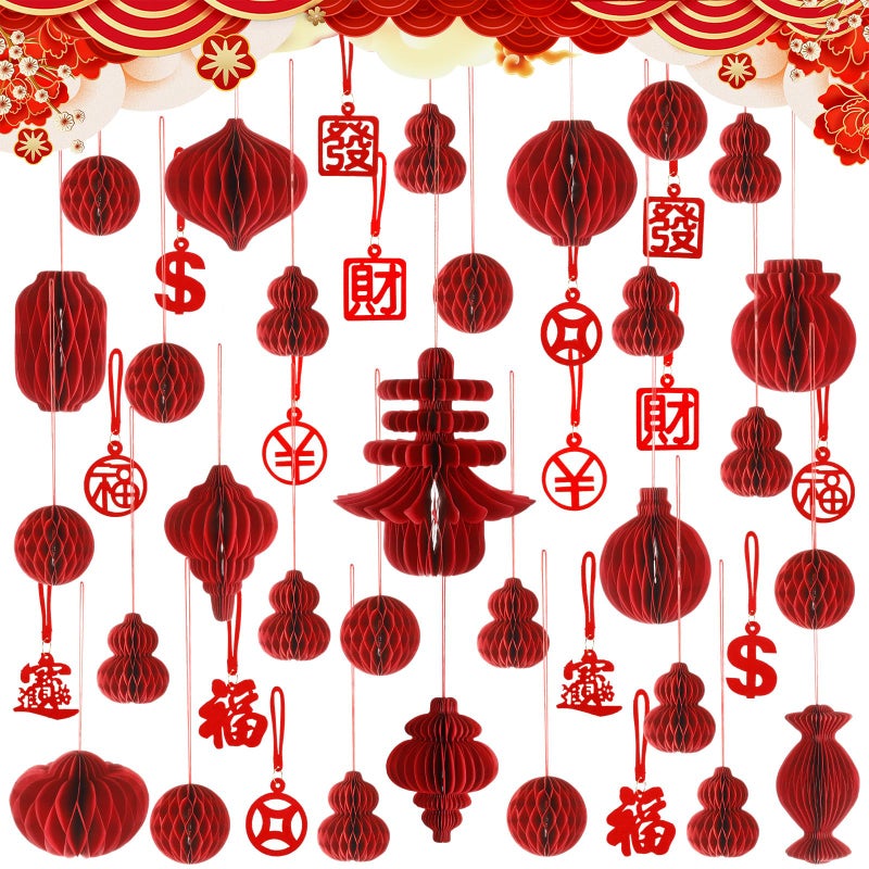 Leinuosen 46 Pcs Chinese Lunar New Year Decorations 2026 Red Paper Honeycomb Ornaments for Tree 3D Paper Lanterns Foldable Hanging Decorations for Asian Japanese Lunar New Year Festival Party Decor - Image 1