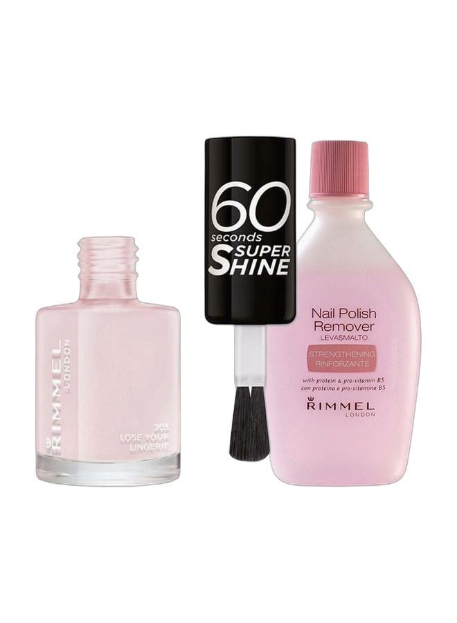 RIMMEL LONDON 60 Seconds Super Shine 203 Lose Your Lingerie & Strengthening Nail Polish Remover 100 mlBundle - Image 1