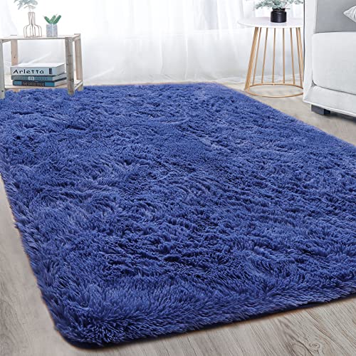 Merelax Soft Modern Indoor Large Shaggy Rug for Bedroom Livingroom Dorm Kids Room Home Decorative NonSlip Plush Fluffy Furry Fur Area Rugs Comfy Nursery Accent Floor Carpet 5x8 Feet Light Navy