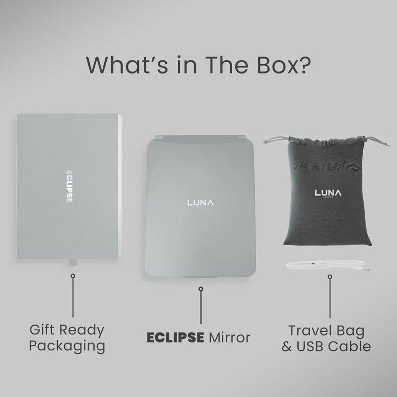 لونا لندن Luna London Eclipse LED Lighted Travel Vanity Makeup Mirror | 3 لون ضوء مضغوط مضغوط محمولة مضاءة قابلة لإعادة الشحن مرآة إضاءة | مثالي لمكياج السفر وتلبية الجمال | الطباشير الرمادي  - Image 5