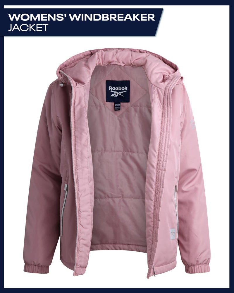 Reebok Womens Windbreaker Jacket - Lightweight Wind Water Resistant Insulated Zip Up Jackets for Women with Pockets & Hood, Size Small, Dusty Rose - Image 2