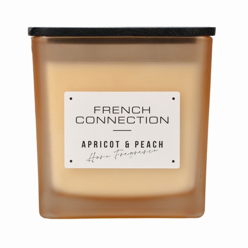 French Connection شمعة جرة معطرة كبيرة، مشمش و خوخ - 830غ، شمع زبدة الشيا، 3 فتائل مع غطاء خشبي | مدة الاحتراق - 64 ساعة | مجموعة مربعة | مثالية للهدايا، ديكور المنزل، الحفلات و تعطير الغرف | مثالية لديكور غرفة المعيشة والمكتب - Image 2