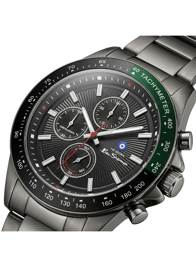 بين شيرمان Winchester Black Dial Gunmetal Stainless Steel Bracelet Chronograph Watch for Men, 43.2mm