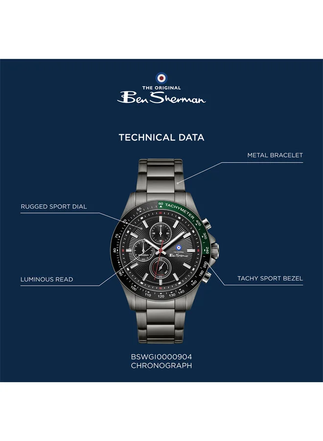 Ben Sherman Black Winchester Black Dial Gunmetal Stainless Steel Bracelet Chronograph Watch for Men, 43.2mm for Men | Best Price UAE